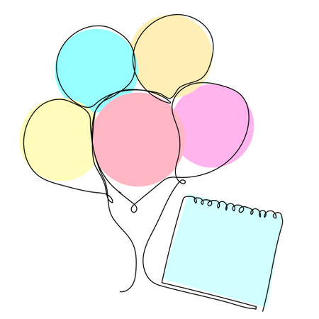 A cluster of pastel balloons hovers next to a blank notepad, representing themes of joy and inspiration.のイラスト素材