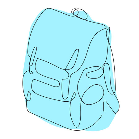 A minimalist outline of a backpack against a soft light blue backdrop, highlighting its essential features and design.のイラスト素材