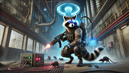 Raccoon in a futuristic industrial setting wielding a weapon while surrounded by robotic elements and small creatures Generative AIの素材