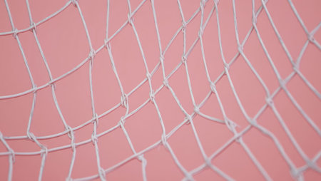 Close-up of a spiderweb with dew drops against a pink background. Delicate and geometric symmetry. Generative AI.の素材