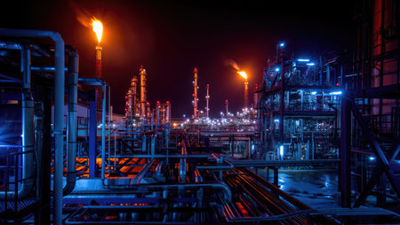 Night view of a glowing oil refinery with industrial pipes and lights. Perfect as a futuristic energy background. Generative AI.の素材