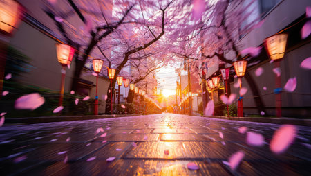 Street view in spring with cherry blossoms, colorful petals falling gently as people walk by, creating a dreamy romantic city atmosphere. Generative AIの素材