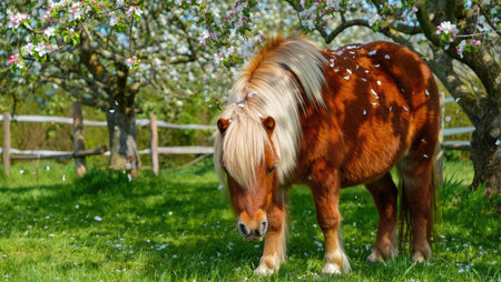 A small pony standing on a grassy field under spring blossoms. Idyllic countryside moment. Generative AI.の素材