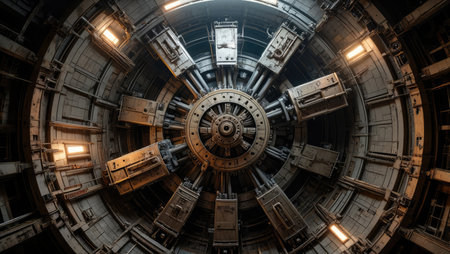 Complex circular industrial machine with symmetrical metallic structure. Generative AI.の素材