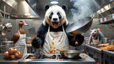 Panda chef cooking in busy restaurant kitchen with flames and ducks hanging. Humorous fantasy food scene. Generative AI.の素材