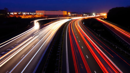 Long exposure photo of busy highway at night with bright white and red light trails from passing cars in motion. Generative AI.の素材