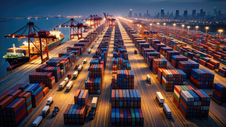 Vast shipping port at sunset with rows of colorful cargo containers and towering cranes showing global trade logistics in vibrant light. Generative AI.の素材