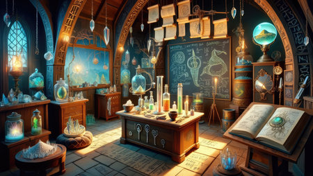 Magical vintage-style alchemistâs laboratory with glowing flasks, books, and scrolls in warm candlelight. Generative AI.の素材
