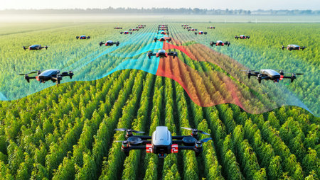 Agricultural drone flying over colorful farmland spraying crops under bright daylight to improve growth and protect plants. Generative AI.の素材
