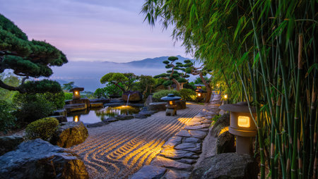 Tranquil Japanese-style garden with stepping stones, bamboo, lanterns, and sea view at sunset. Peaceful zen landscape wallpaper. Generative AI.の素材