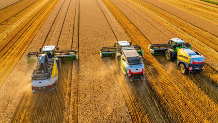 Multiple combine harvesters working in large wheat field under clear sky collecting crops during golden harvest season. Generative AI.の素材