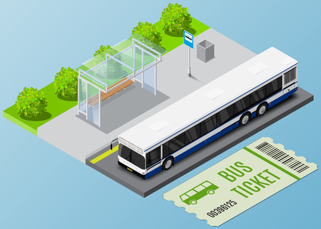 isometric city bus illustration with ticket. Transport Icon.のイラスト素材