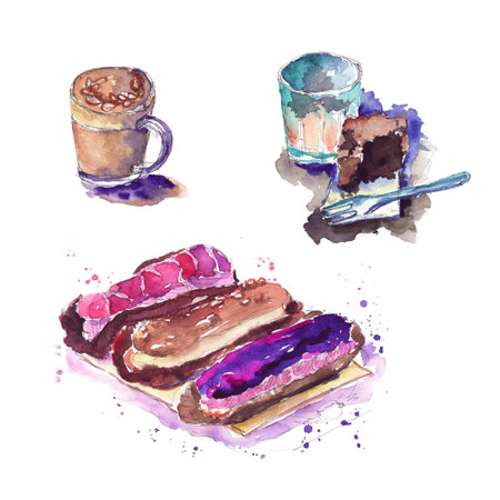 Watercolor sketch in the cafe - custard pastries with cream, brownie and coffee