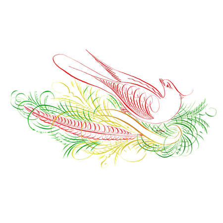 Watercolor drawing of a bird and a feather in retro modern style, made with a thin featherの写真素材
