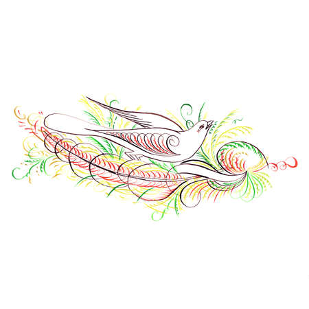 Watercolor drawing of a bird and a feather in retro modern style, made with a thin featherの写真素材