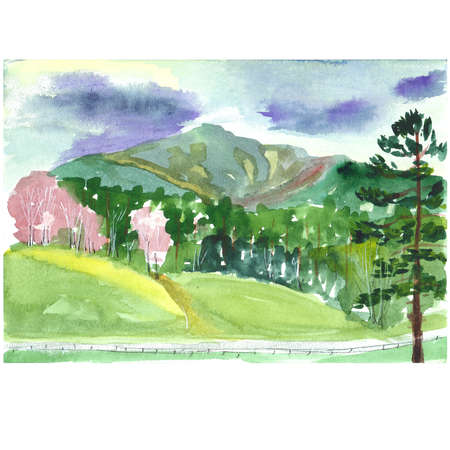 Watercolor sketch of the landscape with mountains and forestの写真素材