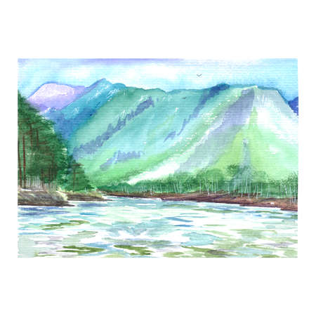 Watercolor mountain scenery with a rugged river and coastal forestの写真素材