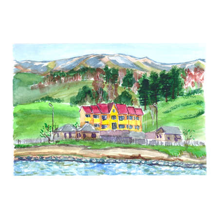 Watercolor sketch of the landscape with a mountain river and housesの写真素材