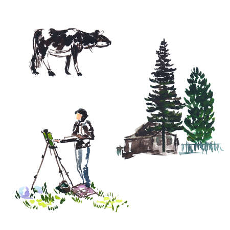 Watercolor sketch on the nature of a cow, an artist and a village house with treesの写真素材