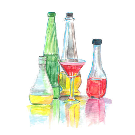 Watercolor sketch with glass colored bottles and a glass.の写真素材