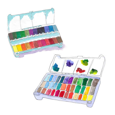 Watercolor sketch with an artistic paints in a plastic boxの写真素材