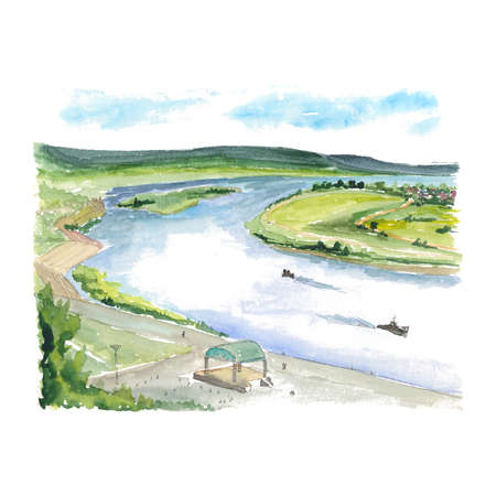 Watercolor landscape of the city embankment near the river with shipsの写真素材