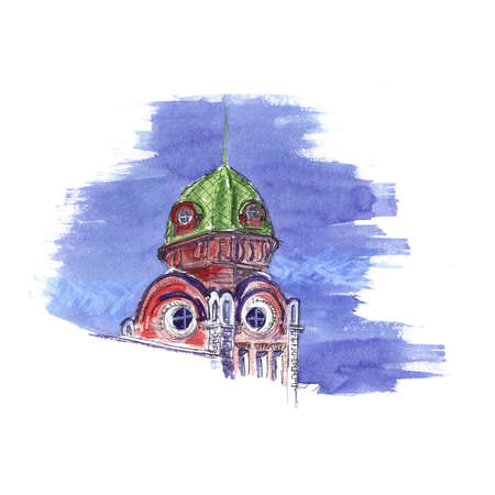 Watercolor sketch of an ancient tower with round windows, a dome and a spireの写真素材
