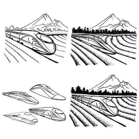 High-speed train through the tea fields on the background of the mountainの写真素材