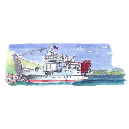 Watercolor sketch of a sea ferry transportの写真素材