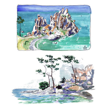 Turquoise water rocks and lake + Watercolor sketchの写真素材