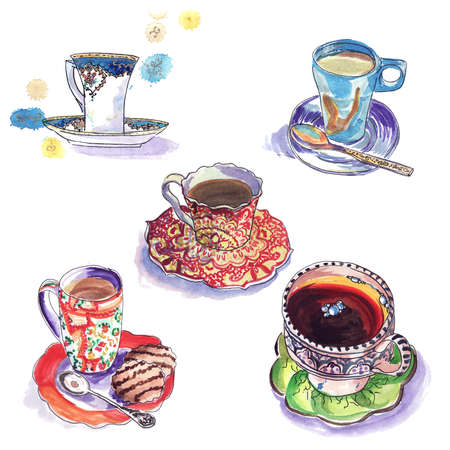 Watercolor sketch of cups for tea and coffeeの写真素材