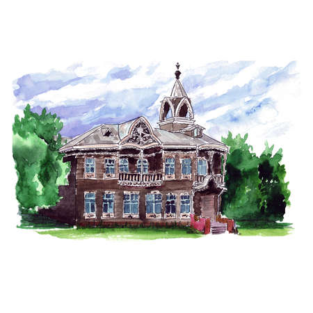 Watercolor sketch - old wooden houseの写真素材