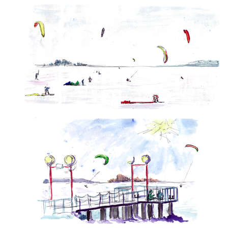 Winter kitesurfing on the frozen sea - a watercolor sketch.の写真素材
