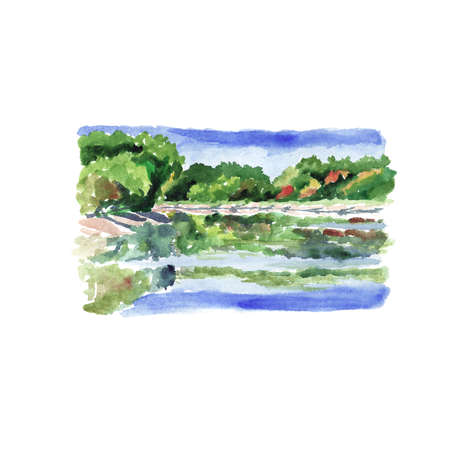 River landscape with trees and reflections in the water - watercolor sketch.の写真素材