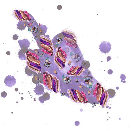 Pattern of custard brownie eclairs and coffee latte Watercolor sketchの写真素材