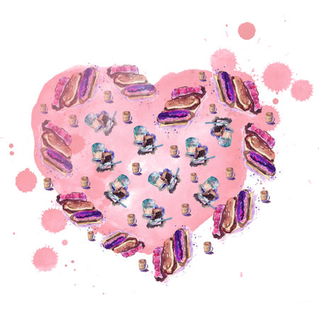 Pattern of custard brownie eclairs and coffee latte Watercolor sketch