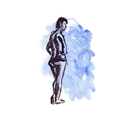 Quick sketch on a watercolor background with black ink - nude female figureの写真素材