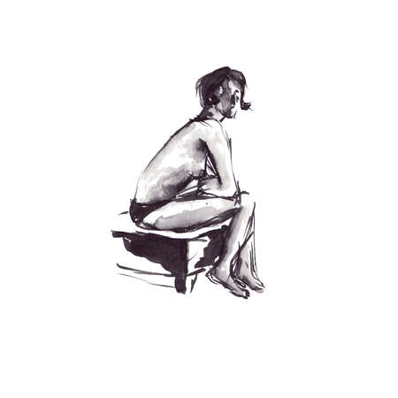Quick sketch on a watercolor background with black ink - nude female figureの写真素材