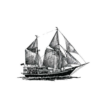 Ship sailing yacht boat antique vintage black ink hand drawingの写真素材