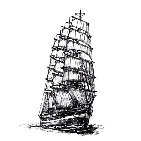 Ship sailing yacht boat antique vintage black ink hand drawingの写真素材