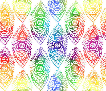 Indian element detail ornament of rainbow watercolor seamless patternの写真素材