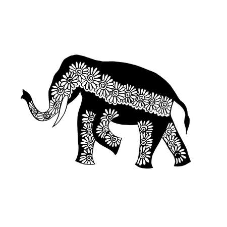 Indian ornament - elephant and paisley - hand drawing in black ink kalamkariの写真素材
