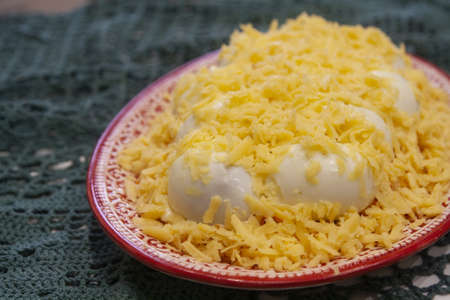 Winter traditional egg salad with mushrooms and cheeseの写真素材