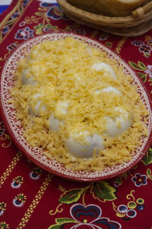 Winter traditional Siberian egg salad with mushrooms and cheeseの写真素材