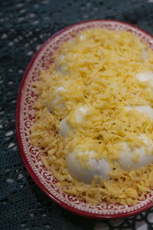 Winter traditional egg salad with mushrooms and cheeseの写真素材