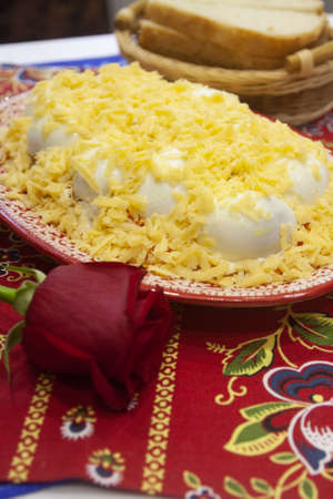 Winter traditional egg salad with mushrooms and cheeseの写真素材