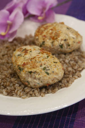 Chicken meat balls with herbs and spices with buckwheatの写真素材