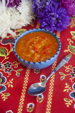 Bulgarian pepper in tomato sauce - sauce of paprika, hot chili peppers and tomatoesの写真素材