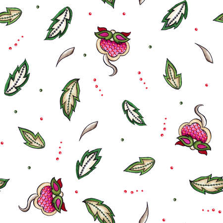 Seamless pattern Moonlight magic flower embroidery textile yellow pink buds curls leavesの写真素材