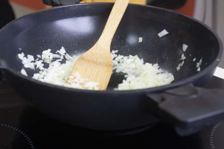 master class cooking finely chopped onions with spicesの写真素材